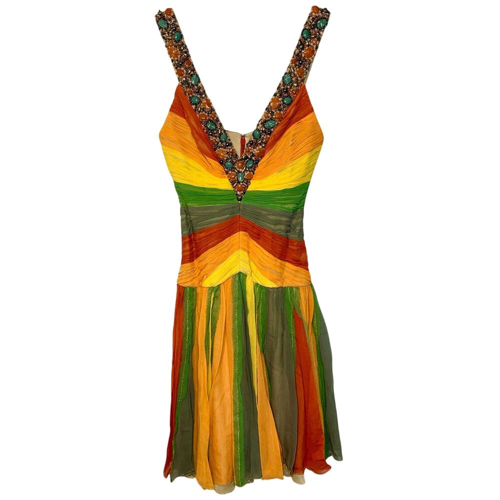 NWT Mandalay Multicolor Silk Beaded V-Neck Midi Cocktail Evening Gown Dress Sz 6